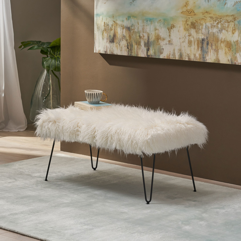 Louise Faux Fur Bench With Hairpin Legs   Midcentury   Upholstered Benches   by GDFStudio  Houzz