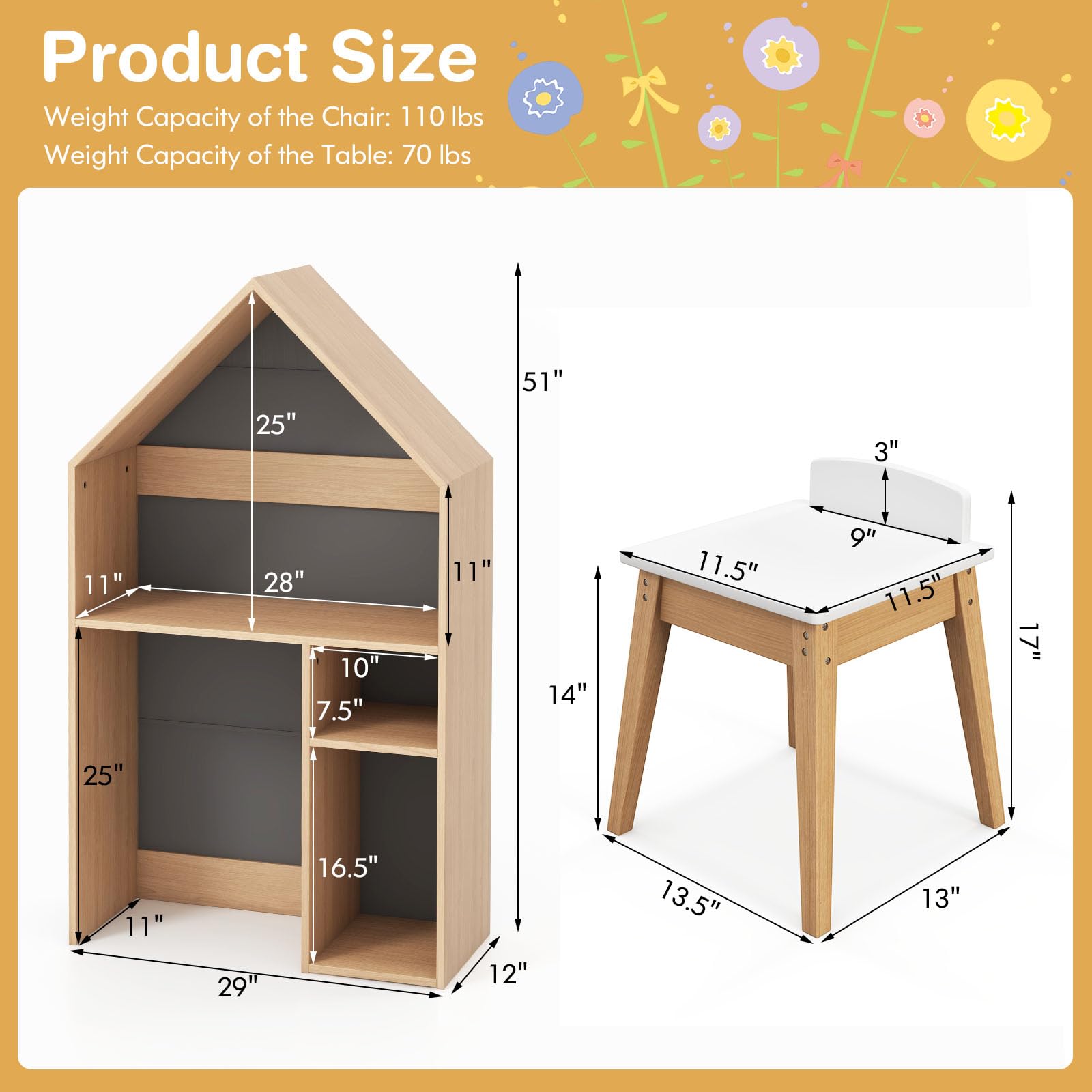 Costzon Kids Table and Chair Set, 2-in-1 House-Shaped Kids Toy Organizer Cabinet with Blackboard