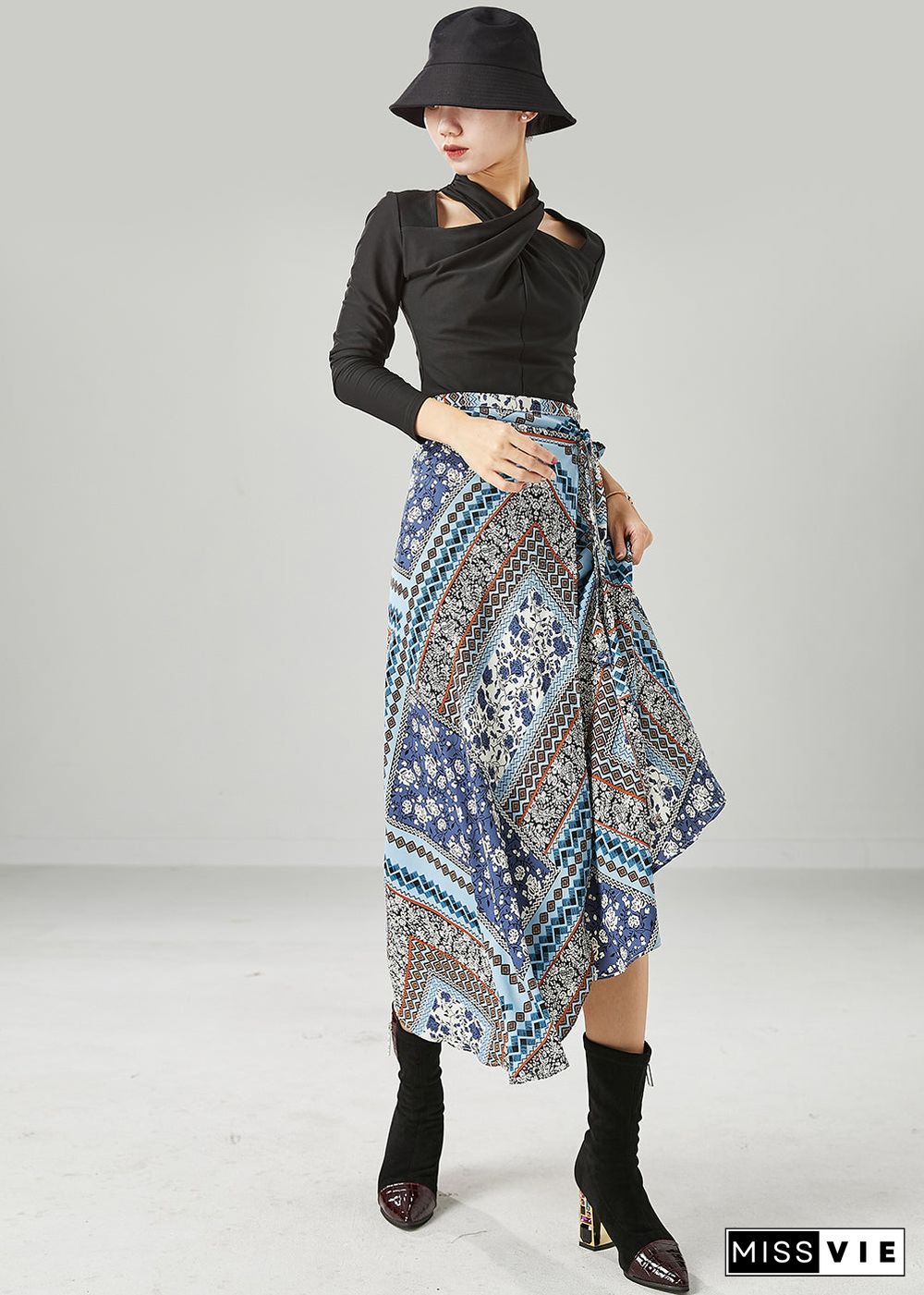 Style Blue Print Asymmetrical Design Chiffon Skirt Summer