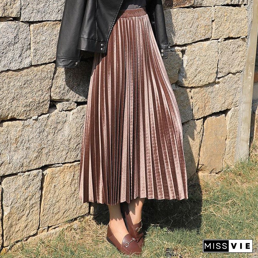 Fasion High Waist Pleated Velvet Skirt