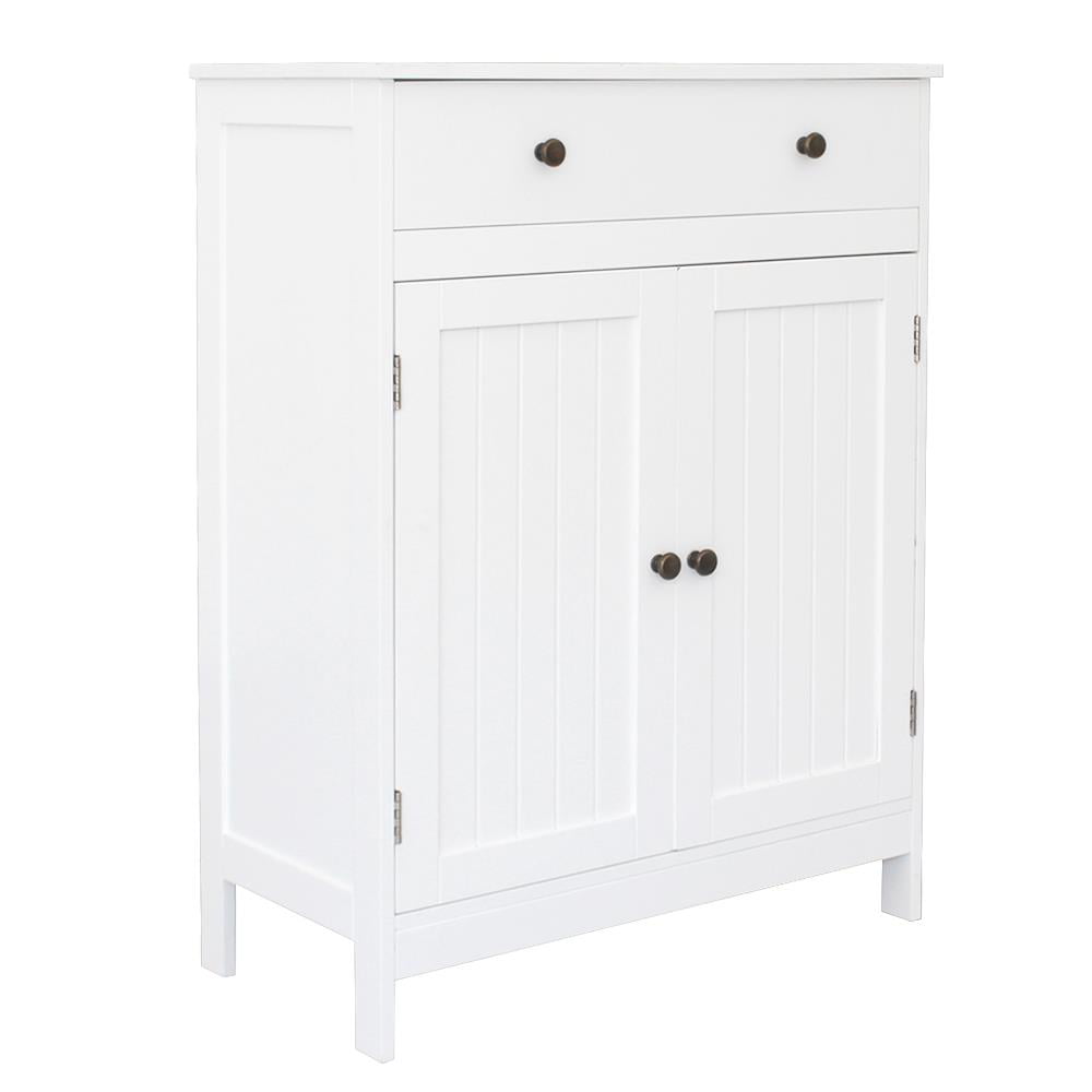 Zimtown White Wooden 2-Door Bathroom Cabinet Storage Organizer with 2 Shelves& 1 Drawer Free Standing