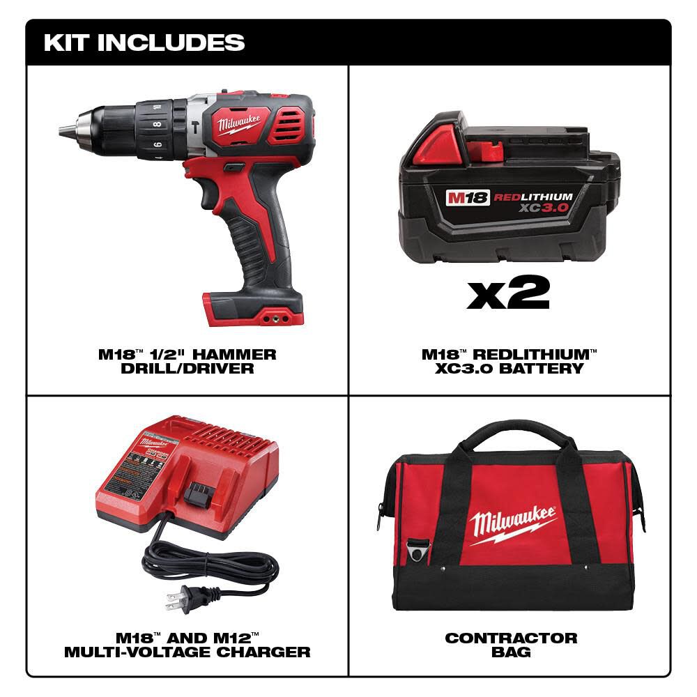 MW M18 Compact 1/2 in. Hammer Drill/Driver Kit with XC Batteries 2607-22 from MW