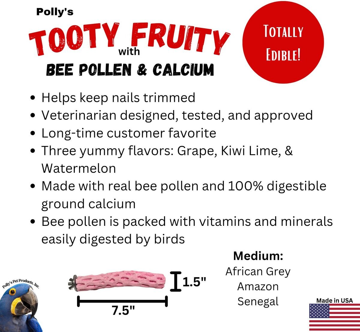 Polly's Pet Products Watermelon Flavor Tooty Fruity Bee Pollen Bird Perch， Pink