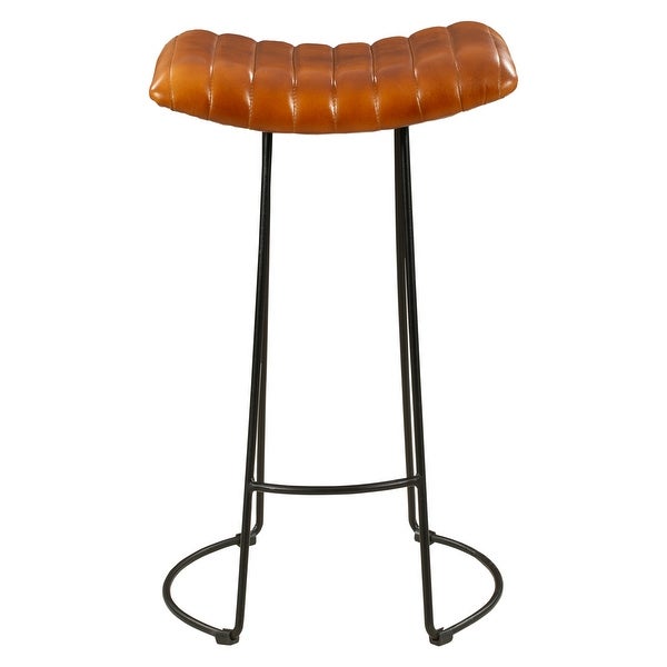 30 Inch Barstool with Curved Genuine Leather Seat and Tubular Frame， Tan Brown and Black