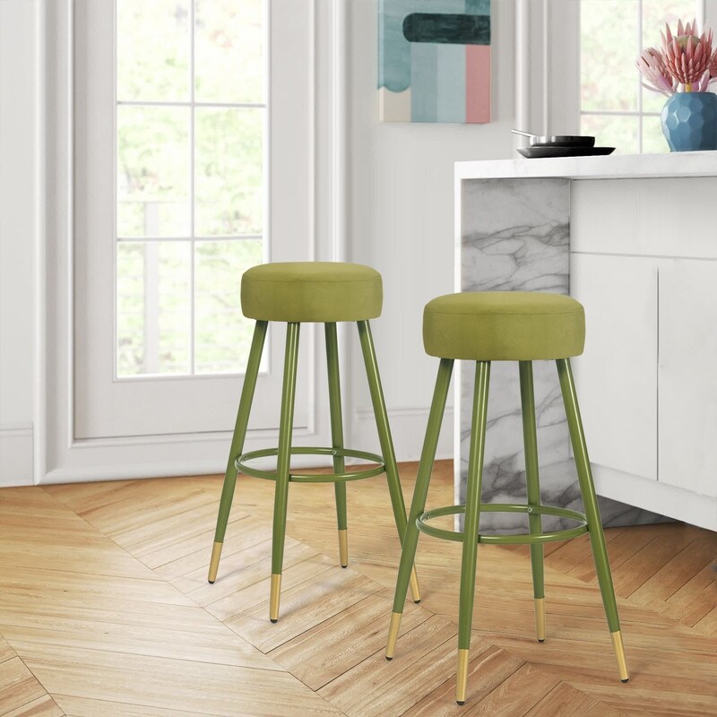 Adeco Bar Stools， Set of 2 Round Velvet Breakfast Stools Footrest - 20.5