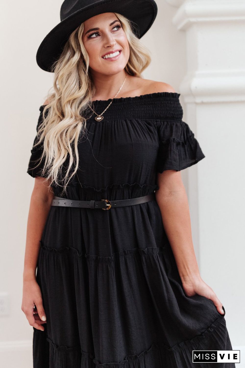 Black Plus Size Smocked Off Shoulder Frill Tiered Maxi Dress