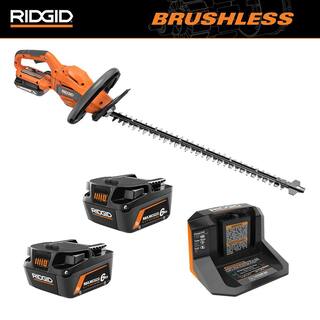 RIDGID 18V Brushless Cordless Hedge Trimmer Kit with 2.0 Ah Battery Charger and 6.0 Ah MAX Output Batteries (2-Pack) R01401KVNM-AC840060PN