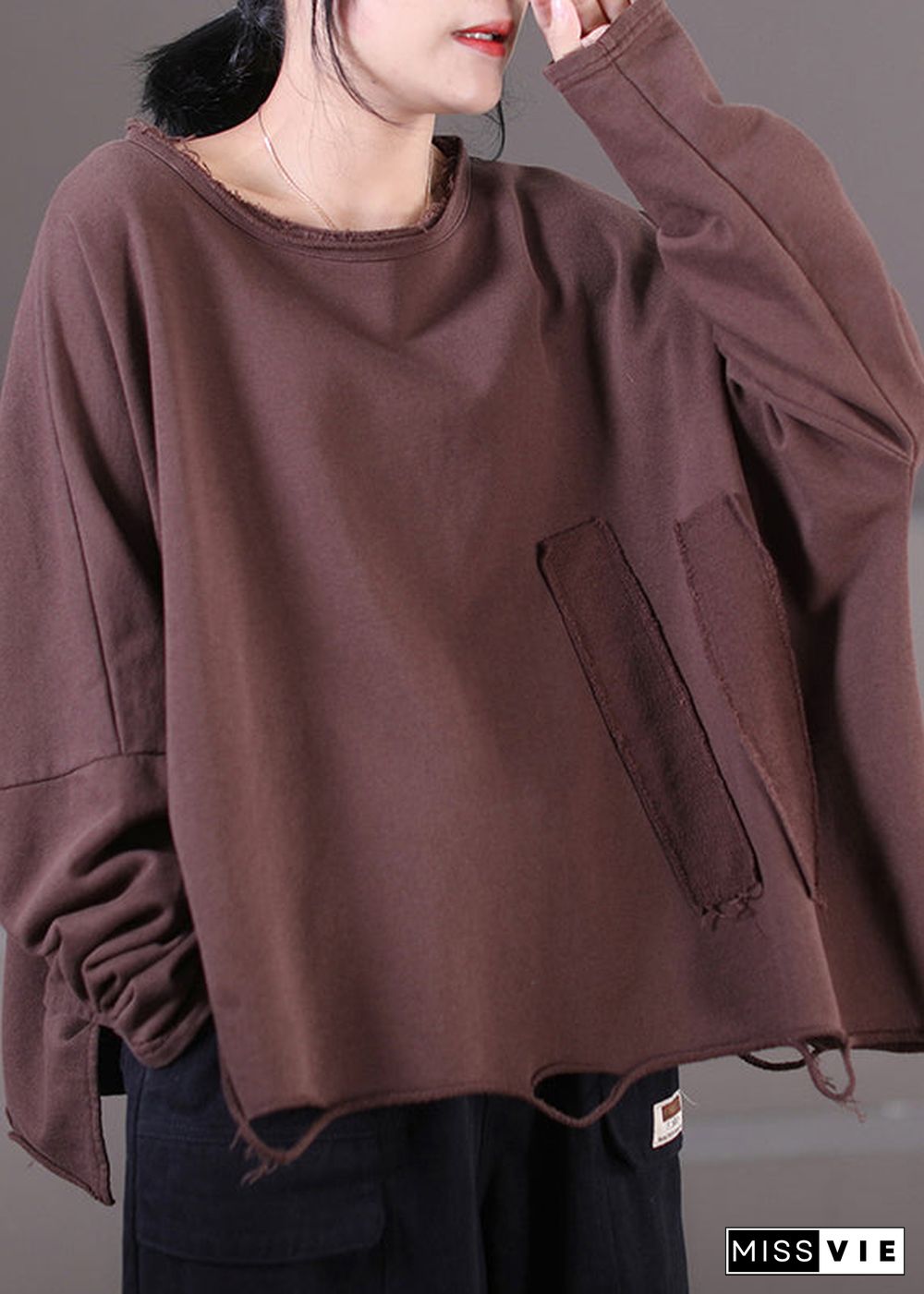 Plus Size Chocolate O-Neck Side Open Sweatshirt Fall