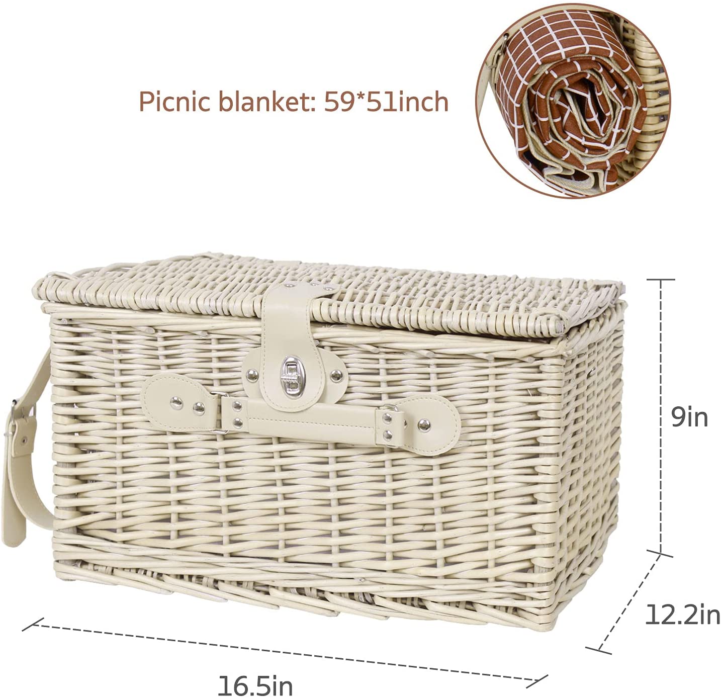 Willow Picnic Basket Set for 4 Person Wicker Hamper Sets with Picnic Blankets， Picnic Cutlery Service Kit， Insulated Cooler Compartment， Best Gifts for Couples， Family， Camping，Outdoor Party - Brown