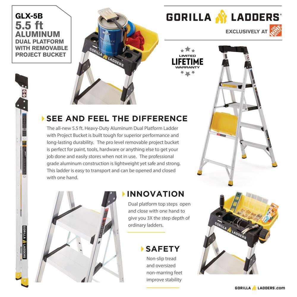 Gorilla Ladders 5.5 ft. Aluminum Dual Platform Heavy-Duty Ladder with Project Bucket(10 ft. Reach) 300 lb. Capacity Type IA Duty Rating GLX-5B