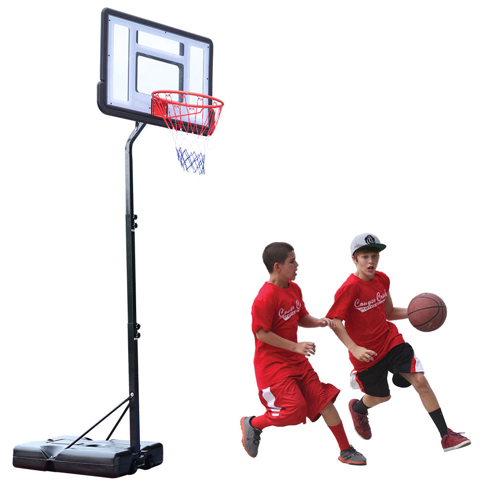 Outdoor Basketball Hoop Stand， Sesslife 7ft-8.5ft Height Adjustable Portable Basketball System w/Wheels and 34 Inch Shatterproof Backboard for Court Backyard， Black and Clear