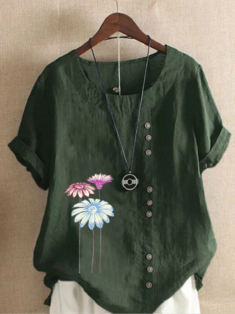 Round Neck Casual Loose Floral Short Sleeve Blouse