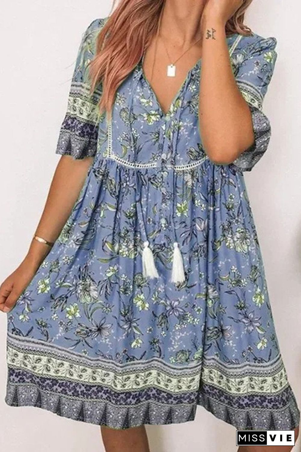 V-Neck Floral Half Sleeve Tassel Dress