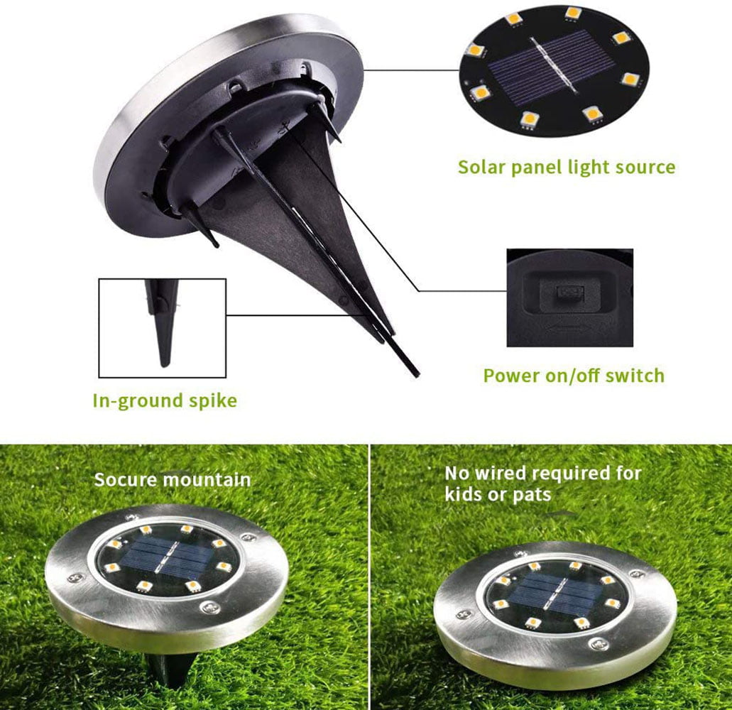 Otdair 8 Pack Solar Ground Lights， 8 LED White Disk Lights for Pathway， Yard， Walkway， Patio Landscape， Waterproof In-Ground Outdoor Solar Garden Lights