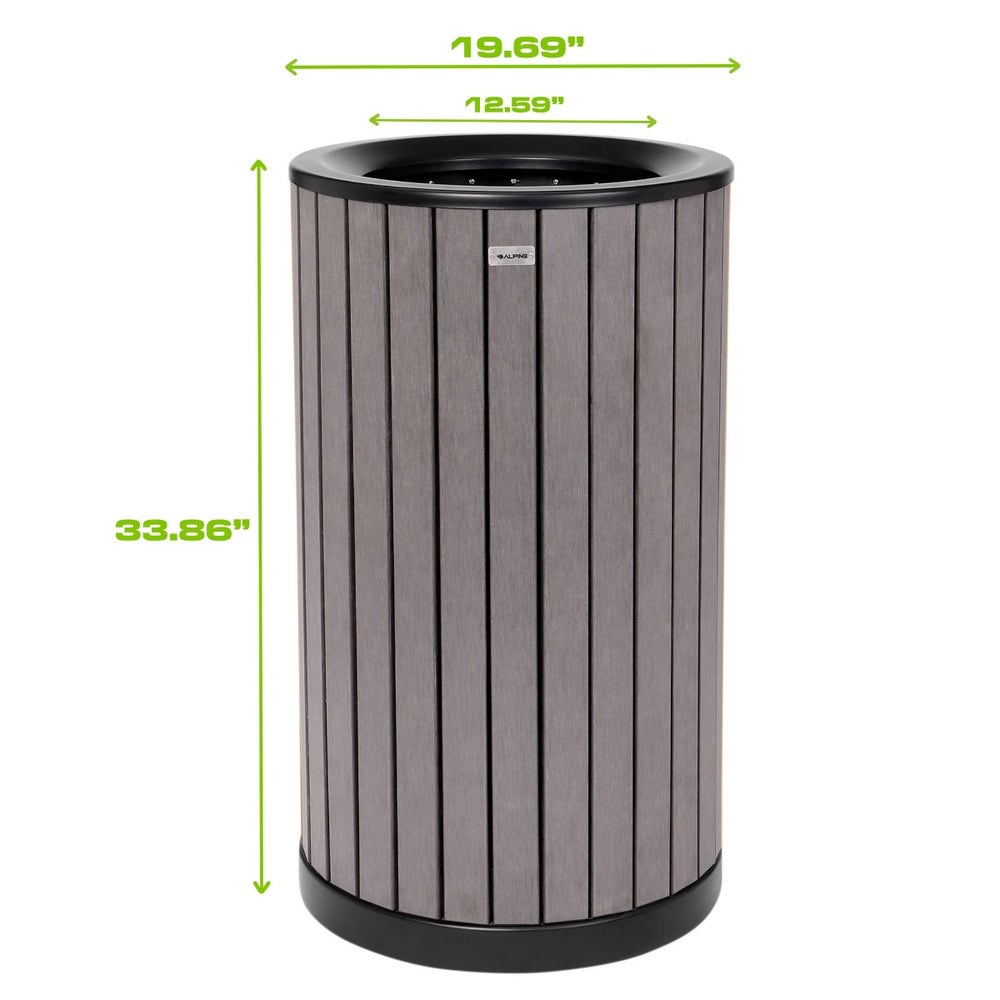 Alpine ALP4400-01-GRY Round 32-Gallon Outdoor Trash Can with Slatted， Recycled Plastic Panels， Gray