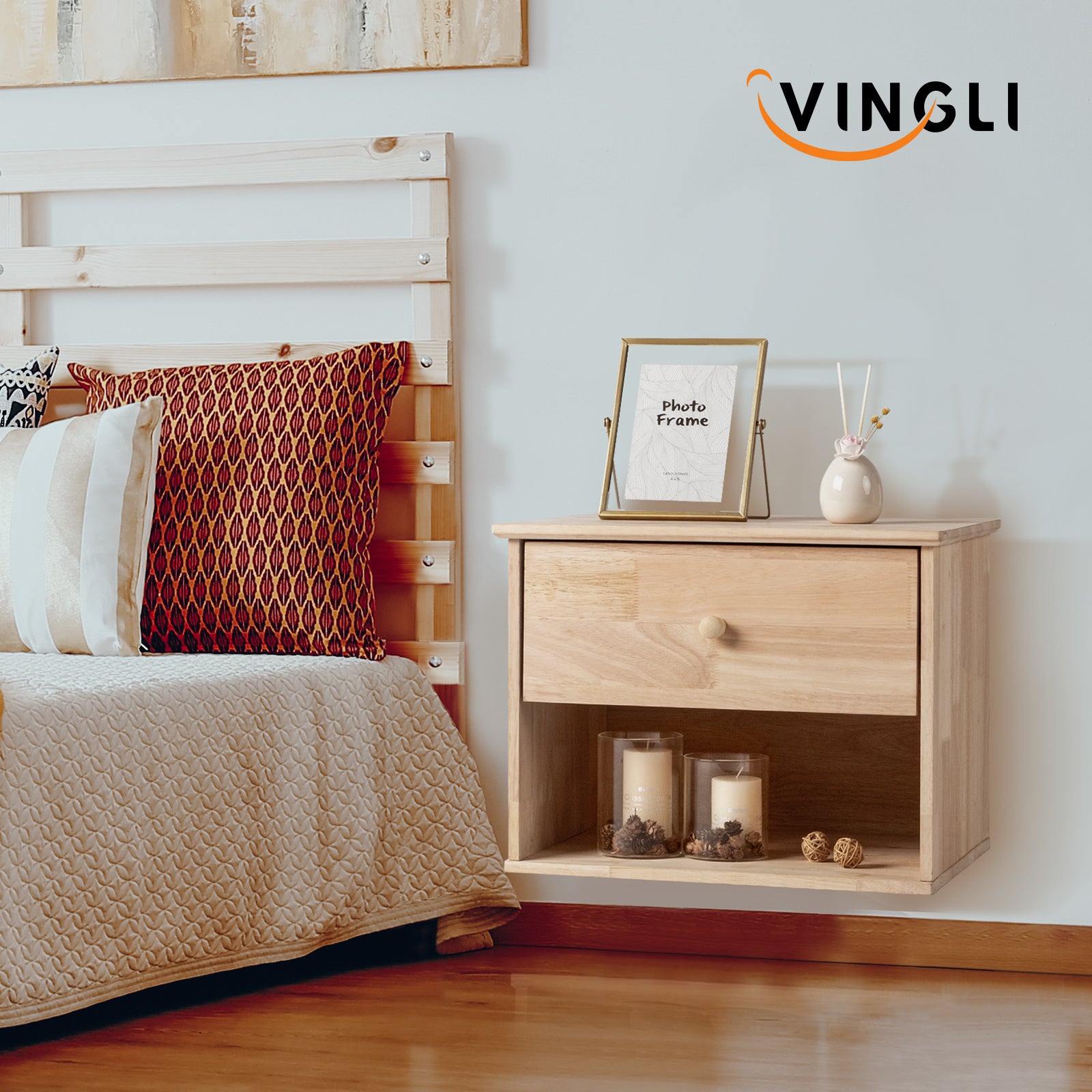 VINGLI Unfinished Natural Solid Wood Floating Nightstand Vintage Wall-Mounted Nightstand/Bedside Table W/ Drawer & Shelf