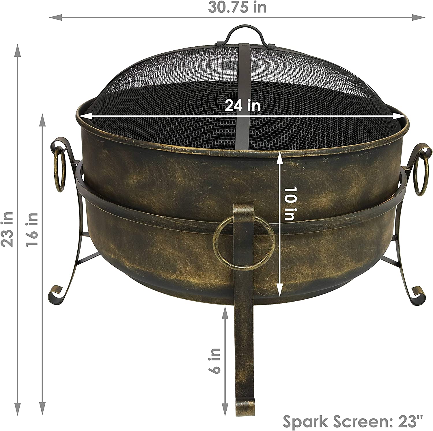 Sunnydaze Outdoor Cauldron Fire Pit - 24-Inch Backyard and Patio Wood-Burning Fire Pit for Outside with Round Spark Screen， Fireplace Poker， and Metal Grate