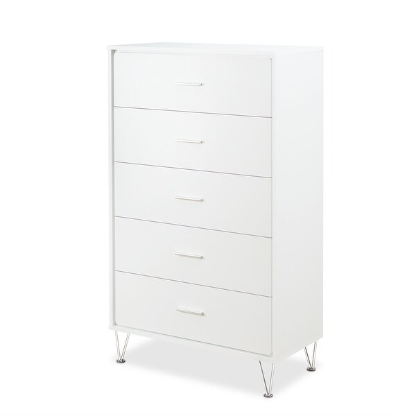 Wood Chest， Dresser Storage Cabinet with 5 Drawers， Metal Legs， White - - 35613526