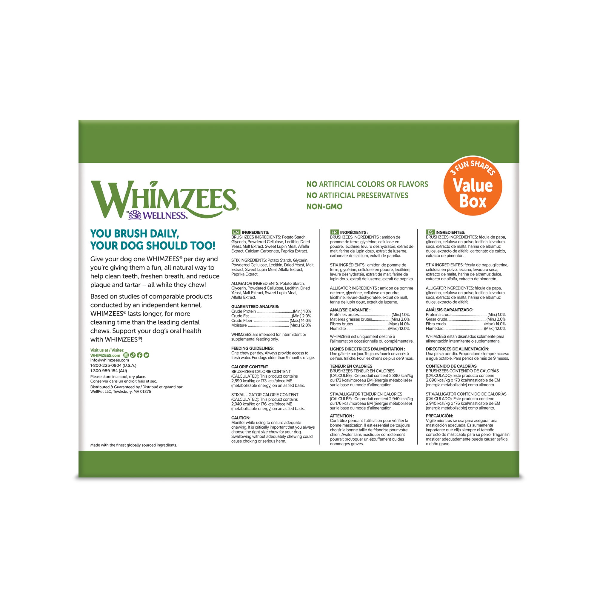 WHIMZEES Large Natural Dental Value Box Dog Treats， 3.1 lbs.， Count of 24