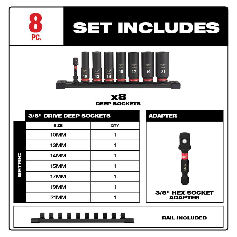 MW SHOCKWAVE Impact Duty 38 in. Metric and SAE Deep Impact Rated Socket Set (16-Piece) 49-66-7021-49-66-7024