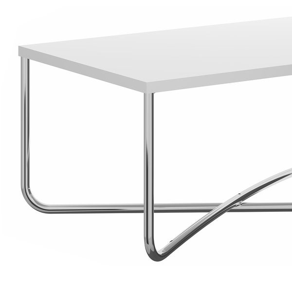 35 Inch Modern Coffee Table with Rectangular Top and Steel Cross Base for iving Room， Home， Office， White， Chrome