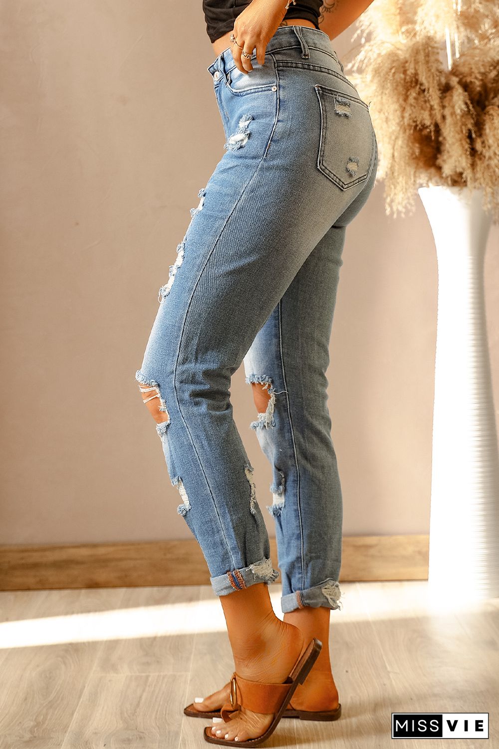 Light Blue Washed Ripped Straight Legs Jeans