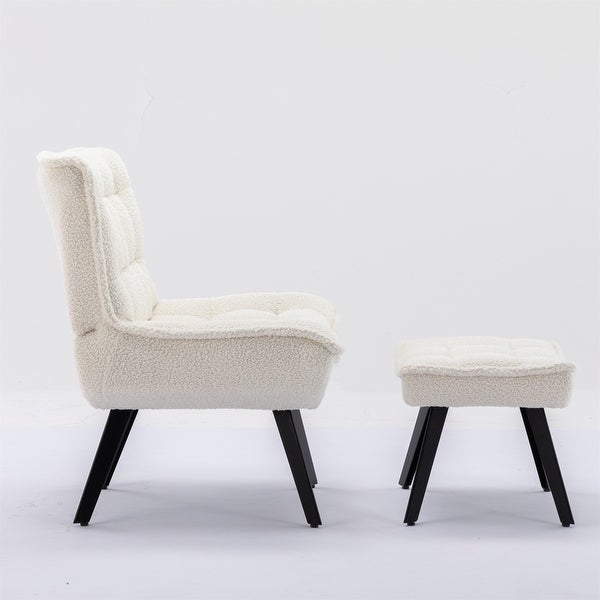 White Soft Teddy Fabric Accent Leisure Chair With Ottoman Black Legs