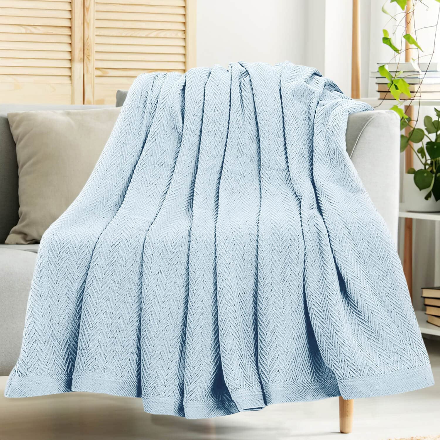 Luxury Thermal Cotton Blankets， King Size- Light Blue