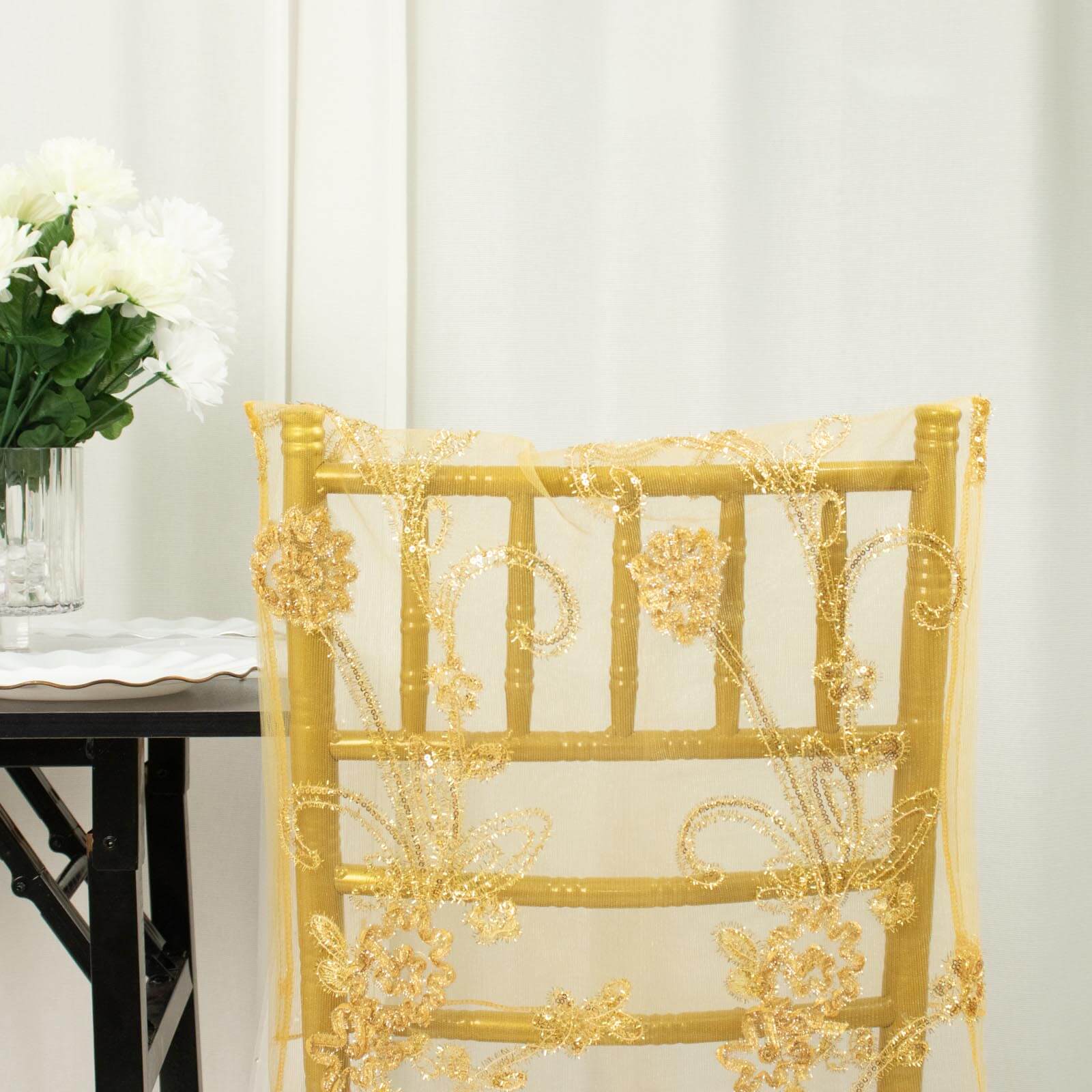 Gold Organza Floral Sequin Embroidered Wedding Chiavari Slipcover, Wedding Chair Back Lace Cover