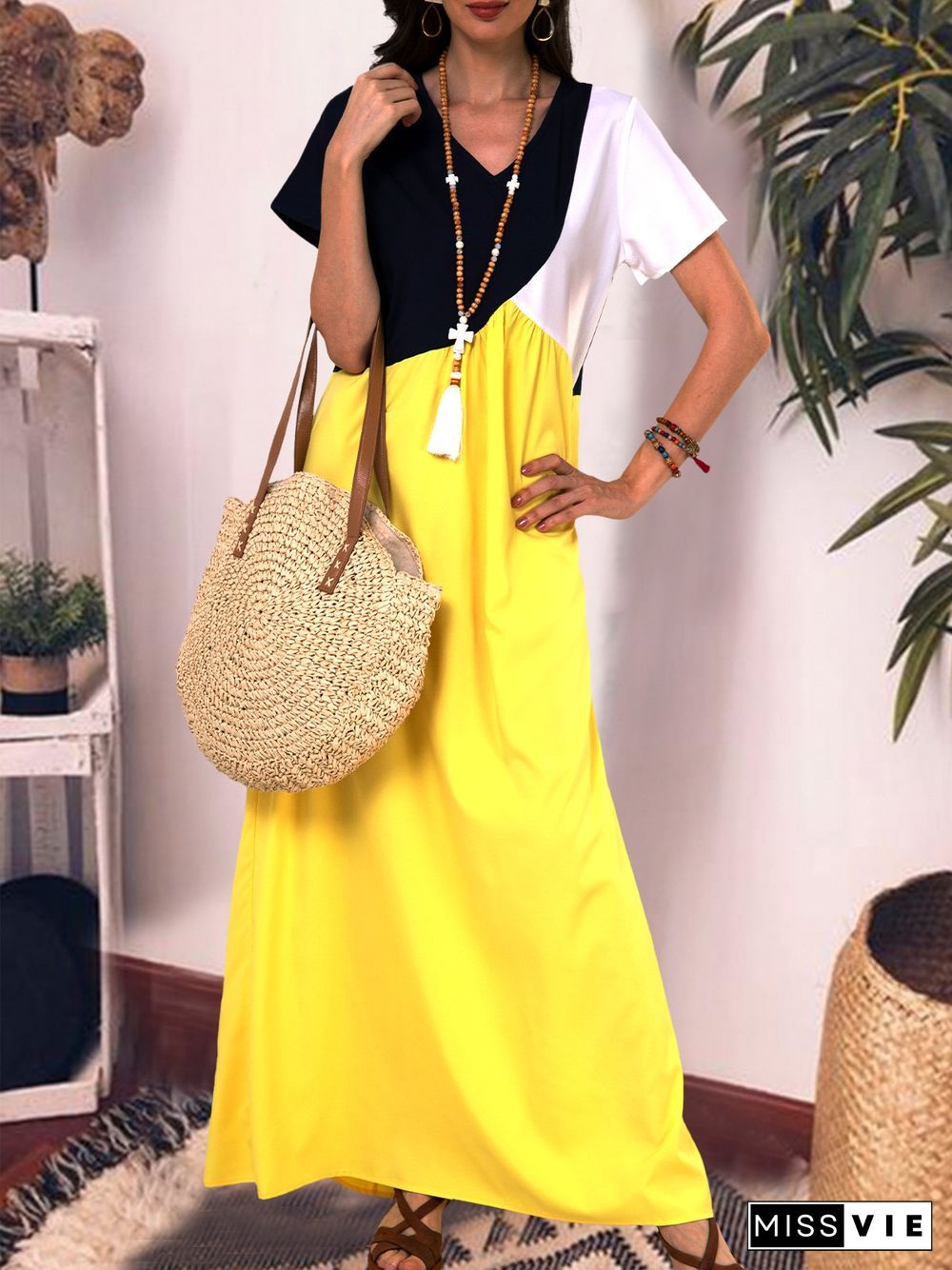 Women Casual Solid Color Cotton V Neck Plus Size Maxi Dresses