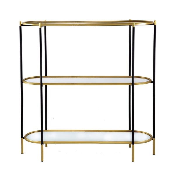 50 Inch Console Table， 3 Tier， Oblong Shaped Mirrored Top， Gold Iron Frame