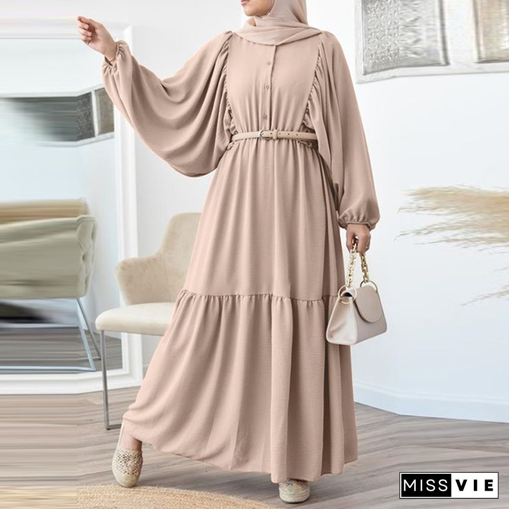 Women Casual Solid Belt Kaftan Muslim Button Down Party Puff Sleeve Spring Long Maxi Shirt Dress