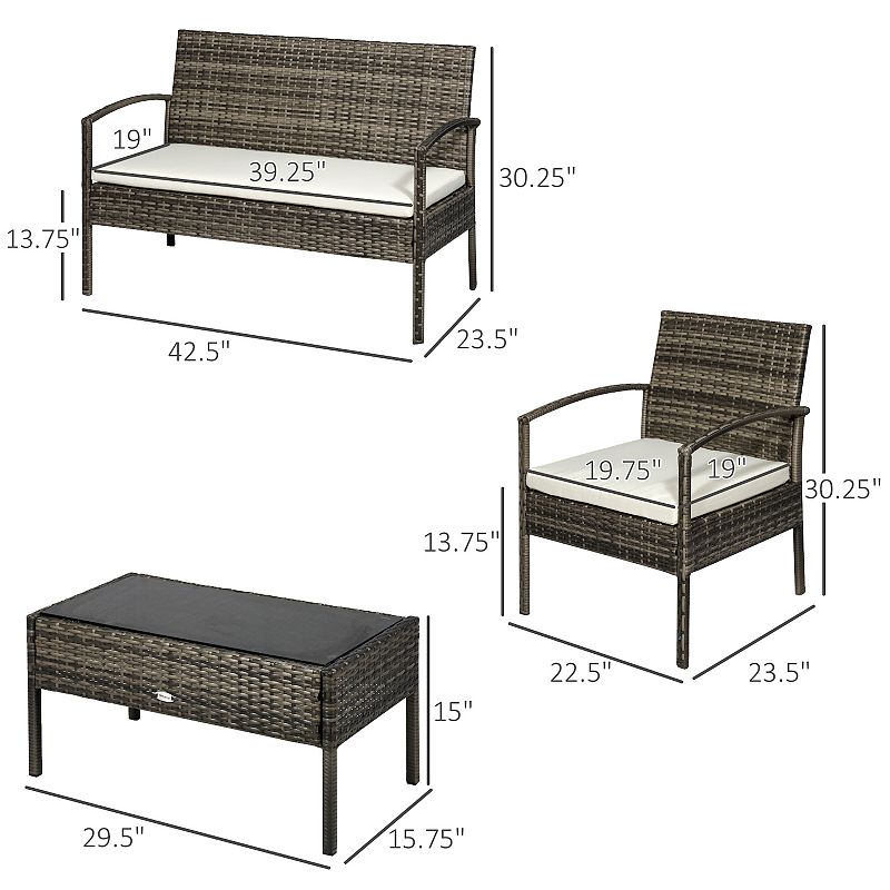 Outsunny Patio Porch Furniture Sets 4 PCS Rattan Wicker Chair w/ Table Conversation Set for YardPool or Backyard Indoor/Outdoor Use  Cream White