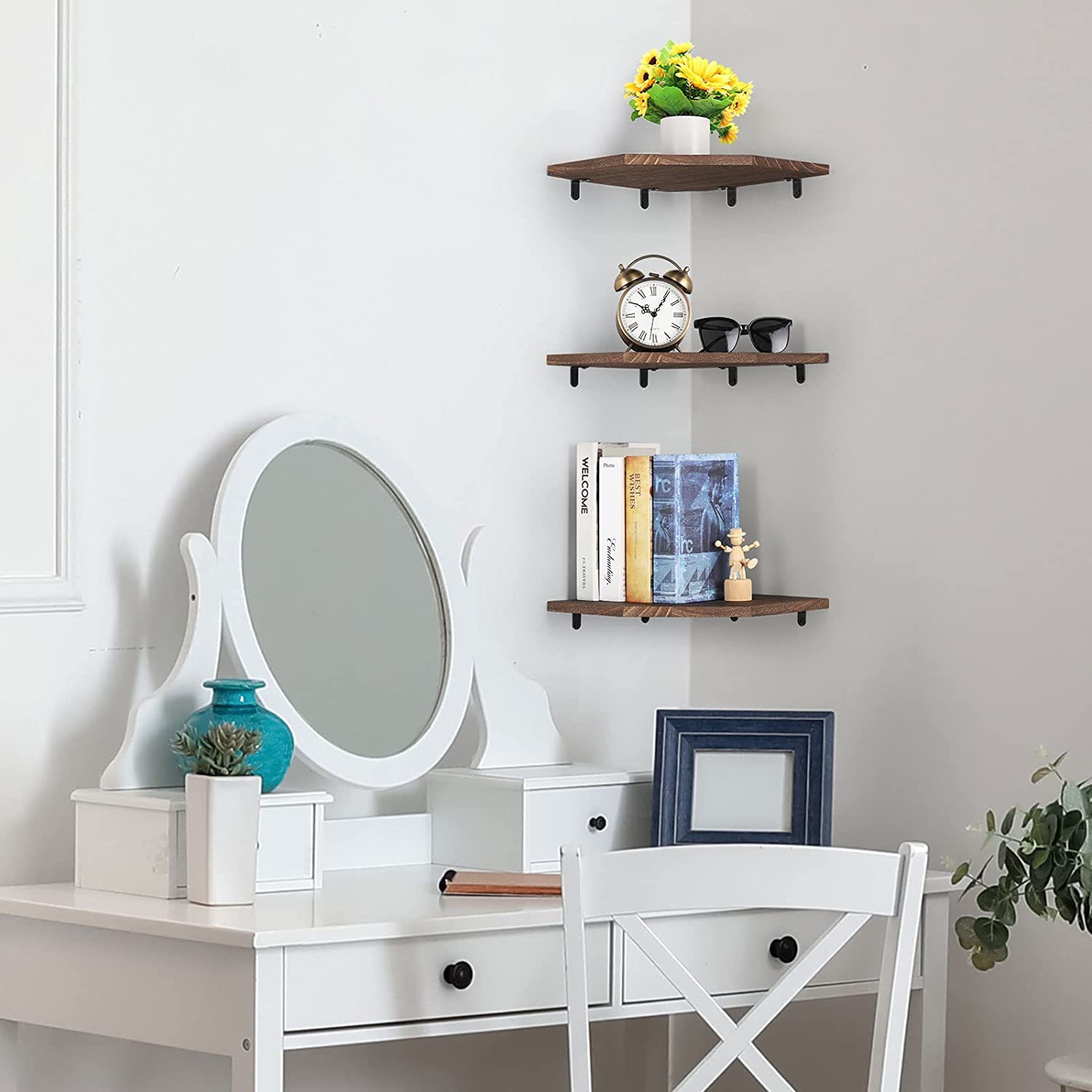 Set of 3 Floating Corner Shelves, Brown Wall Mounted Wood Shelves