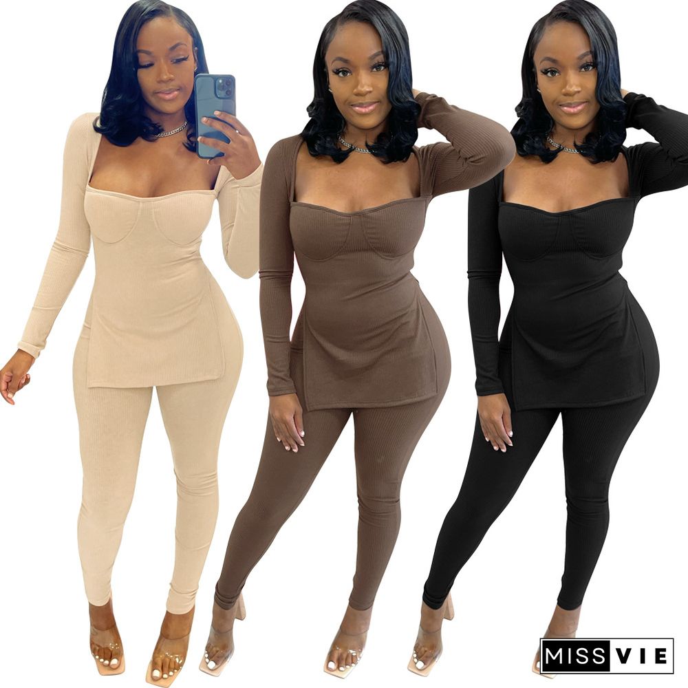 Solid Knitted Side Split T Shirt Bodycon Pants Set