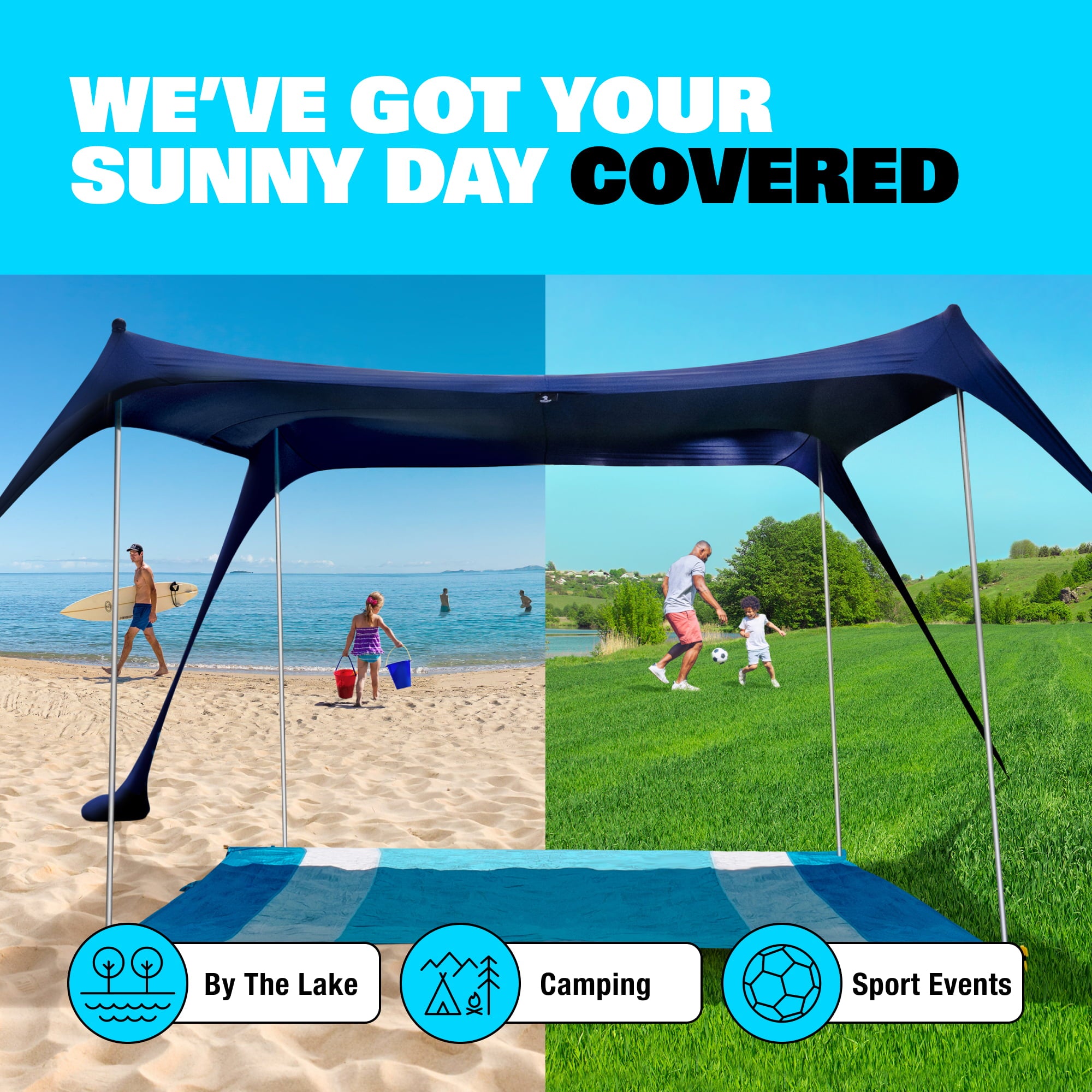 SUN NINJA Pop Up Navy Blue Beach Tent UPF50+ with Shovel， Pegs and Stability Poles