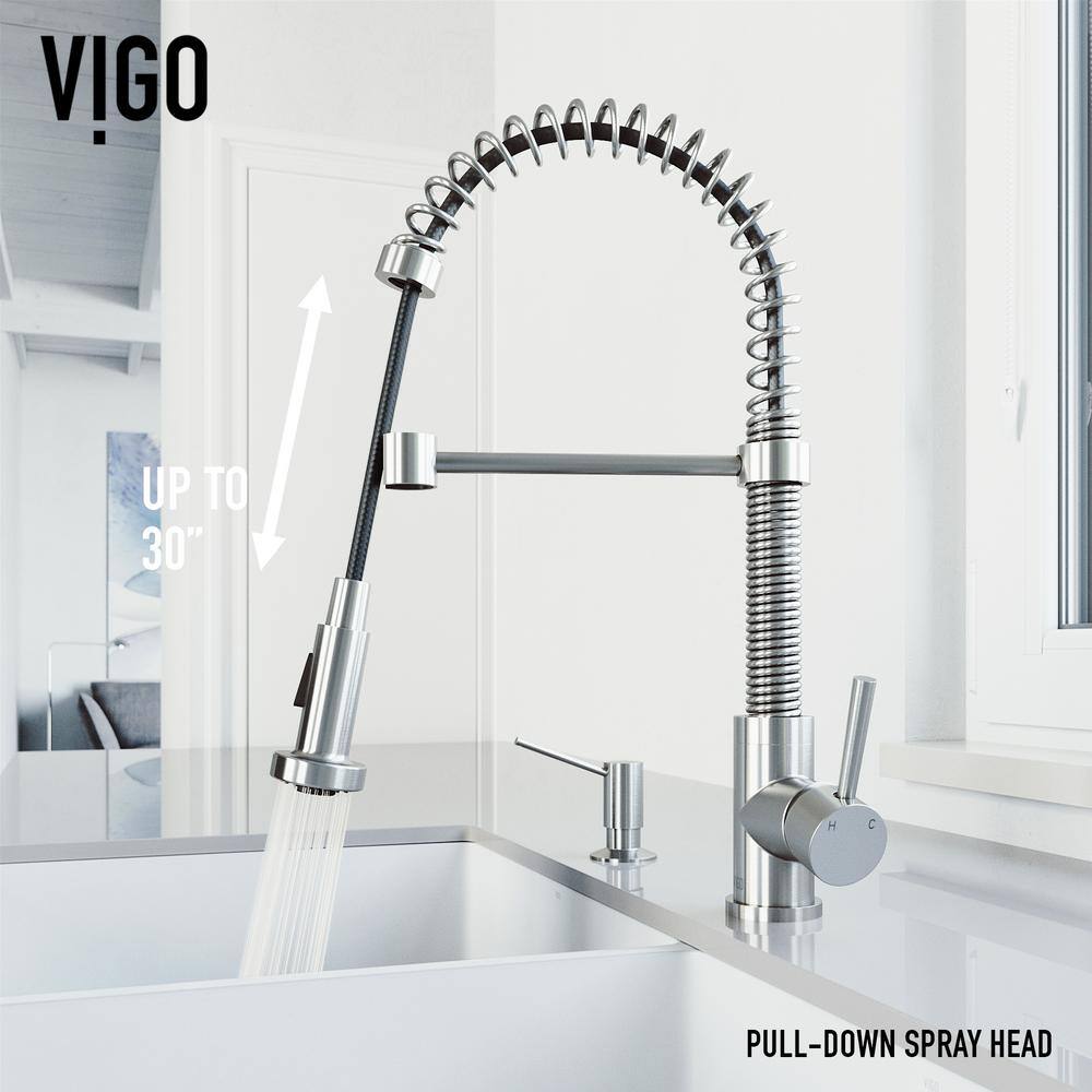 VIGO Edison Single Handle Pull-Down Sprayer Kitchen Faucet Set with Soap Dispenser in Stainless Steel VG02001STK5