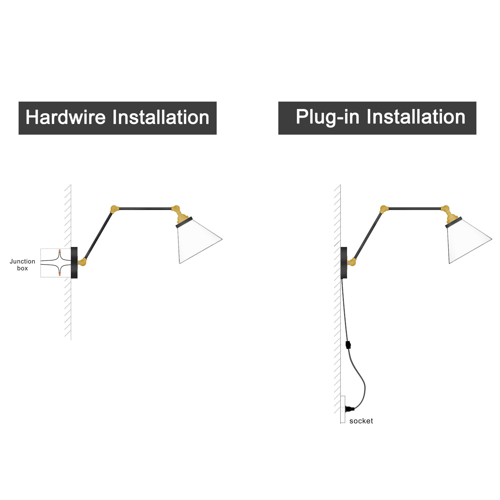 LNC Adjustable Outdoor Wall Lighting & Indoor Plug-in Wall Lamp Wall Sconces Clear Glass Sconces Black and Gold