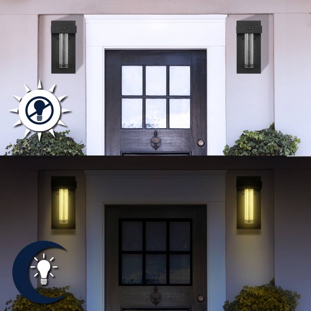 1 light Horizone Minimalist Iron Seeded Glass With Dusk to dawn Sensor Outdoor Sconce Black Jonathan Y