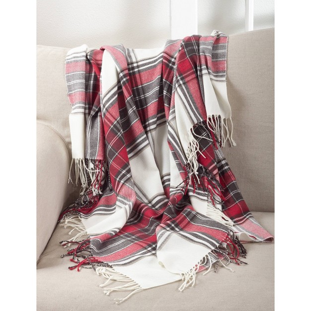 Classic Plaid Design Fringe Edged Throw Blanket Red white Saro Lifestyle