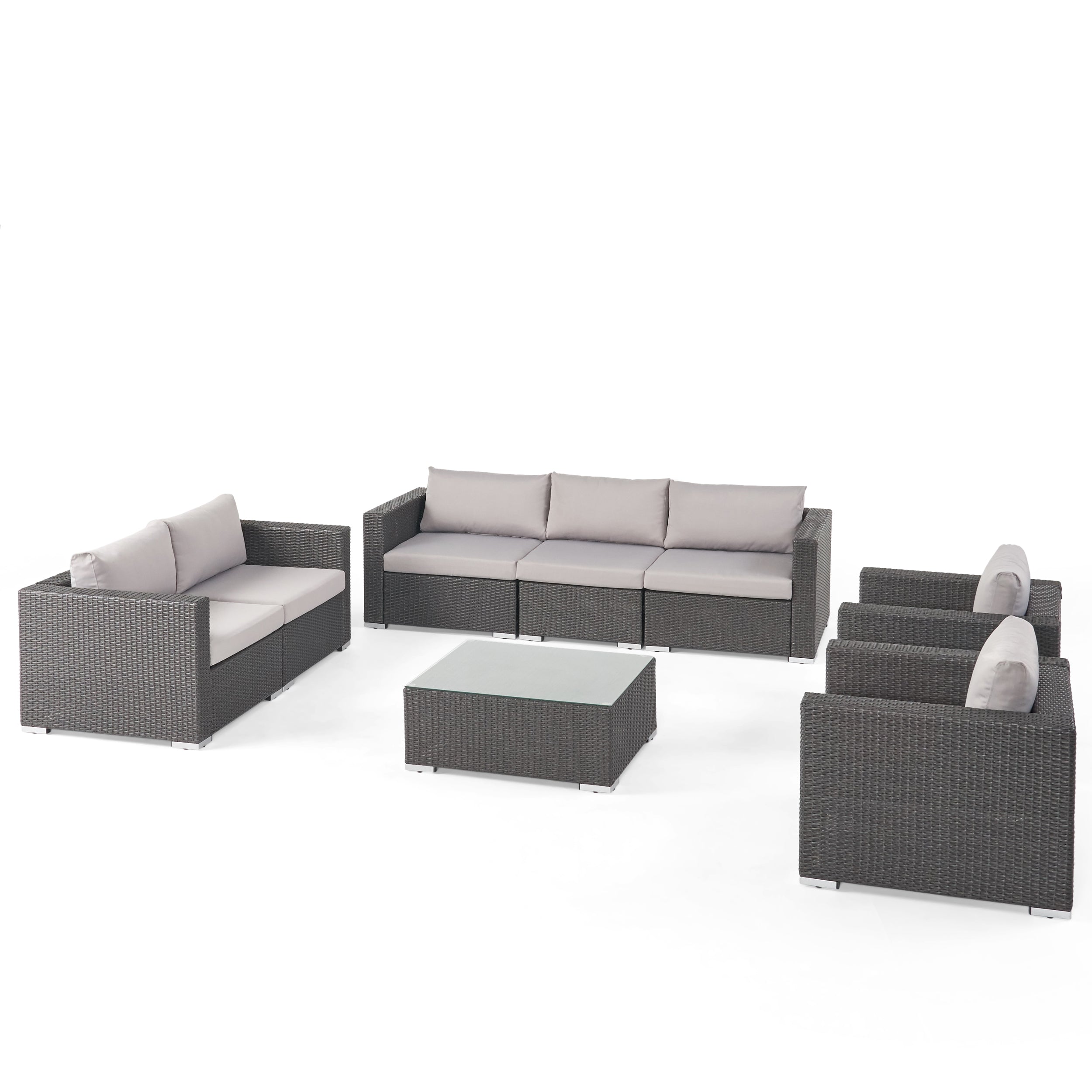 Samuel Outdoor 7 Seater Wicker Sofa Chat Set with Aluminum Frame and Cushions