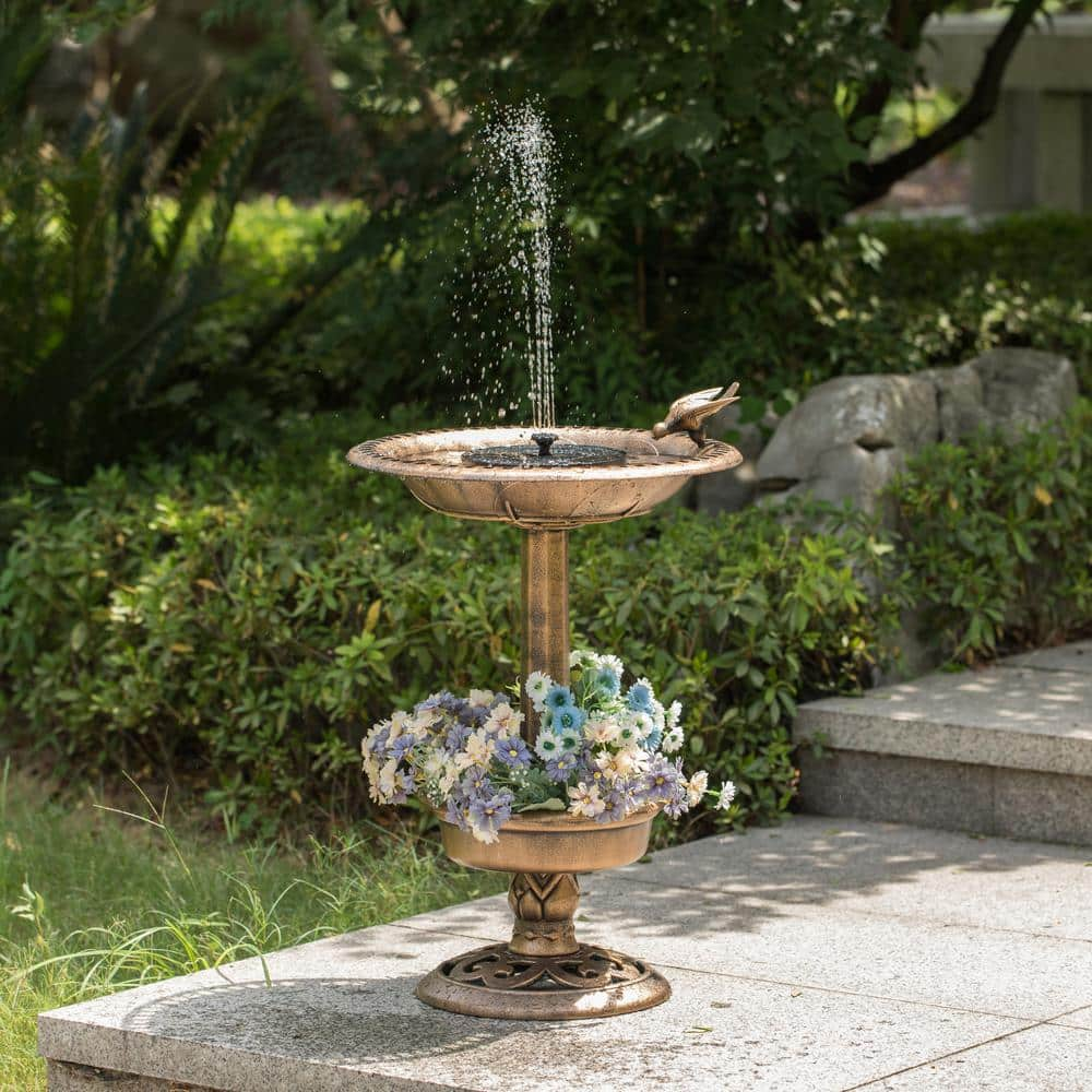 Gardenised Outdoor Garden Plastic Birdbath and Solar Powered Round Pond Fountain with Planter Bowl， Copper QI004101