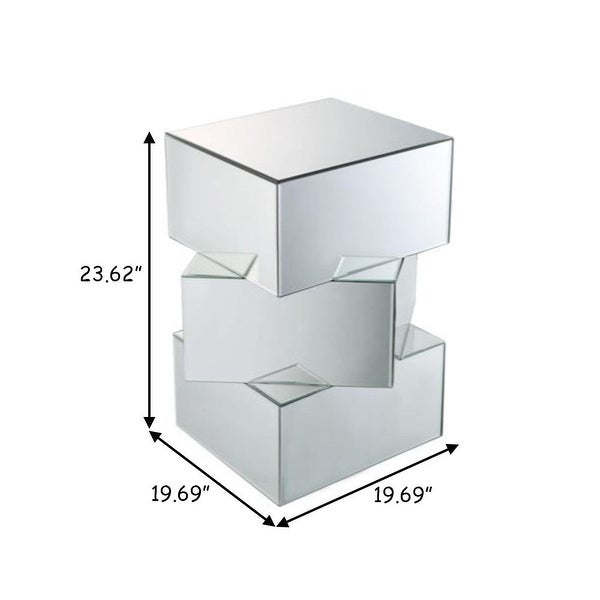 Mirror and Glass End Table with Unique Geometrical Base Design， Silver - 23.62 H x 19.69 W x 19.69 L Inches