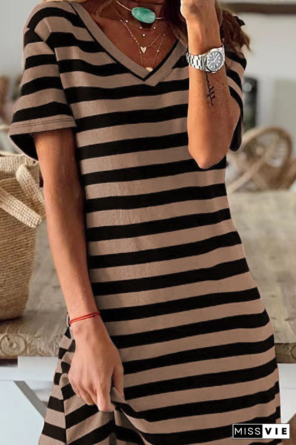 V Neck Split Stripes Dress