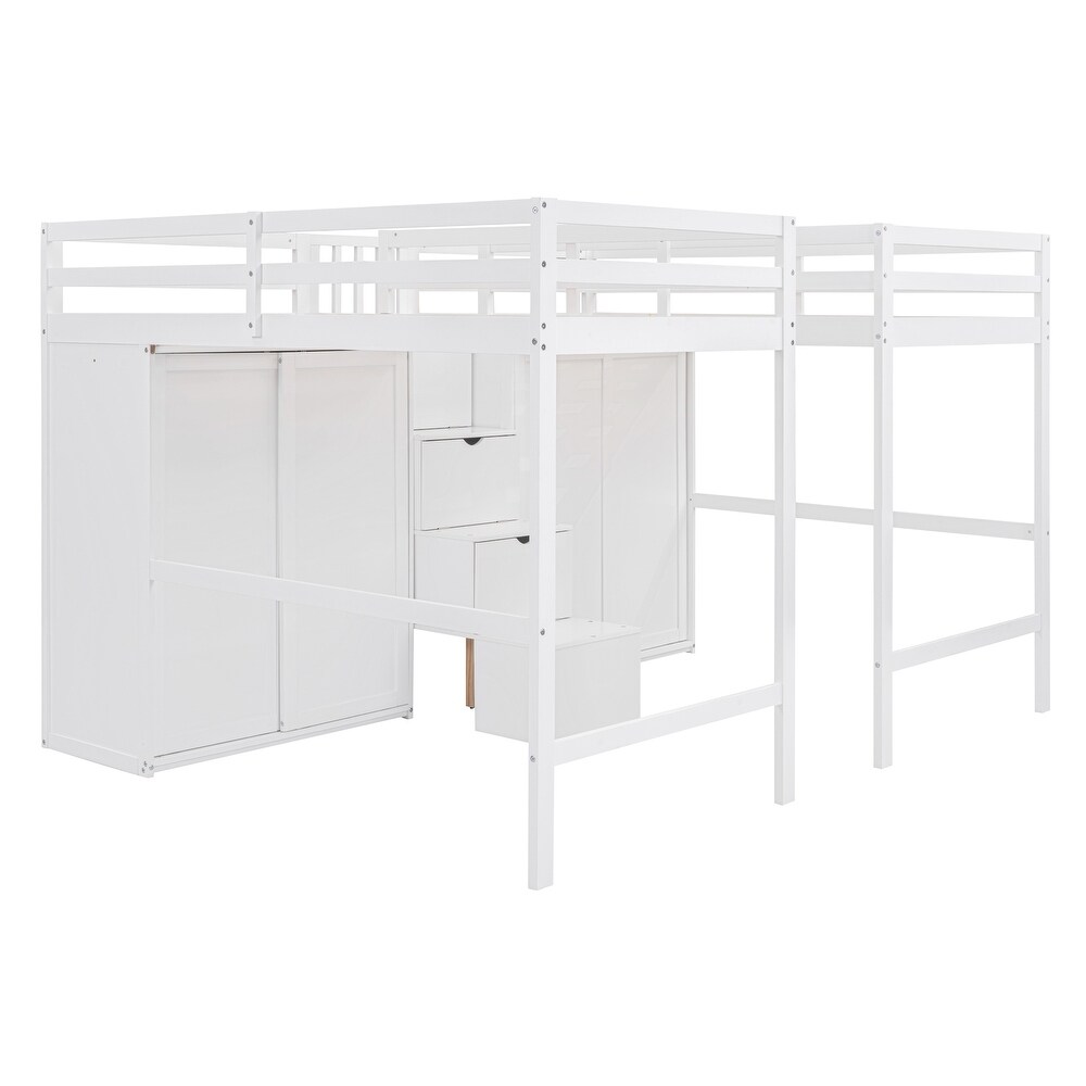 Wood Double Twin Size Loft Bed w/ Wardrobes   Storage Staircase Unisex