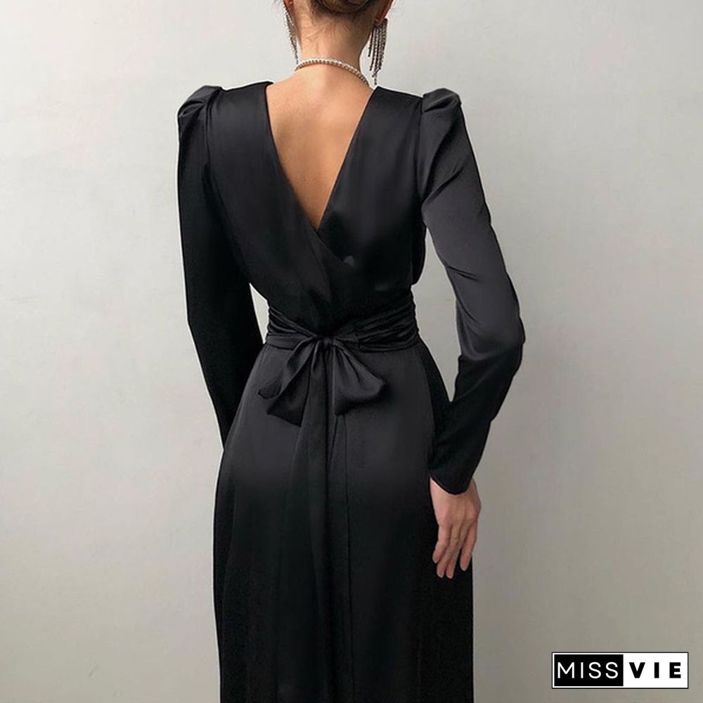 Women Satin Silk Puff Long Sleeve Round Neck Waist Split Hem Long Dress Casual Fashion Party Maxi Dress Plus Size Kleid