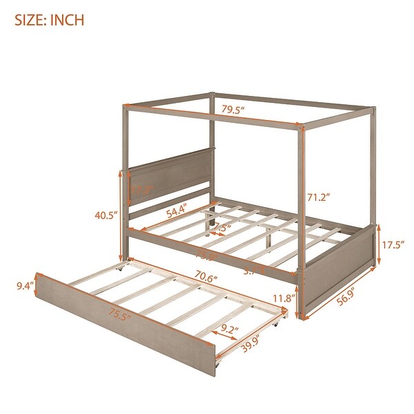 Full Size Wood Canopy Bed with Trundle Bed and Two Nightstands - - 36095786