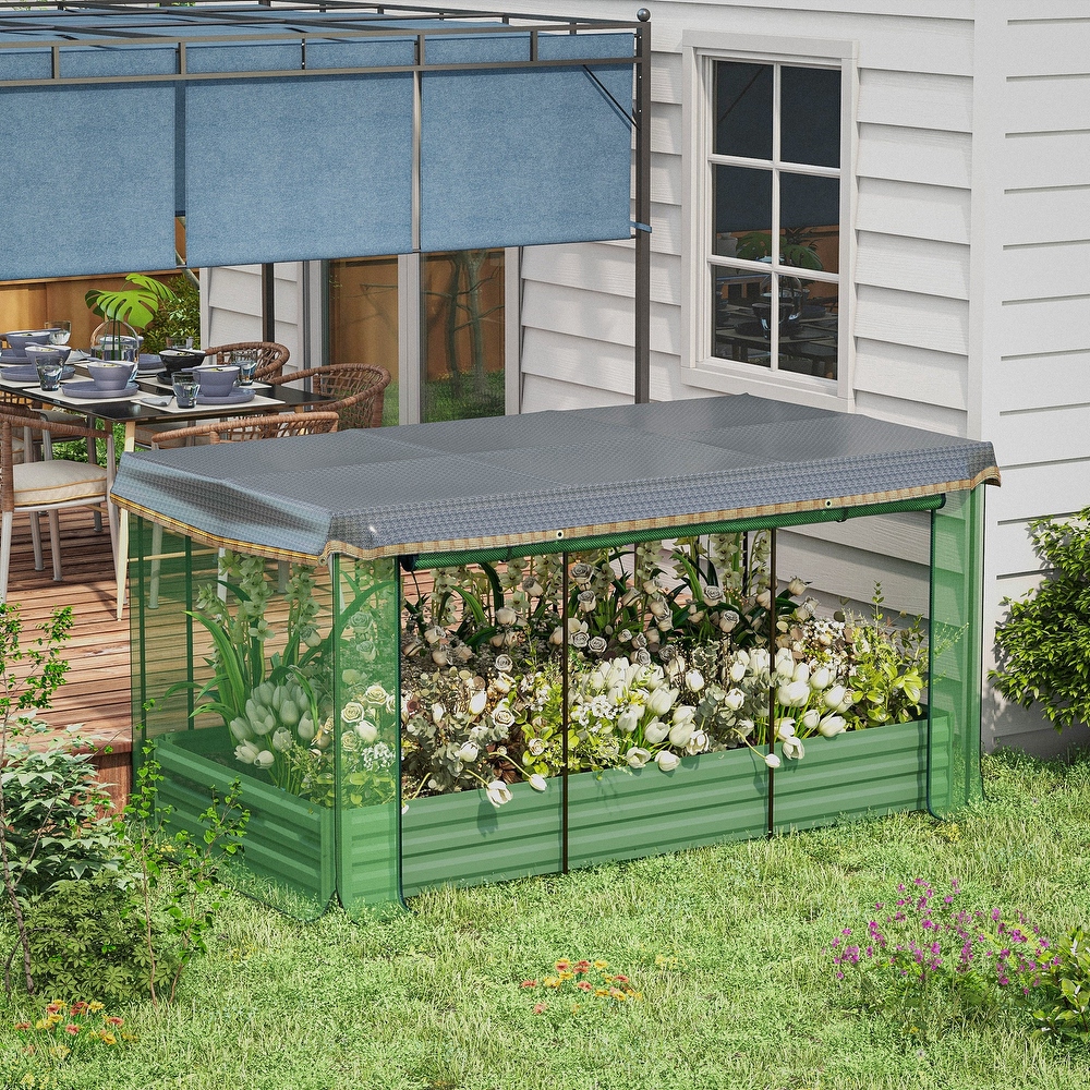 Outsunny Galvanized Raised Garden Bed with Crop Cage Plant Protection Net and Shade Cloth  Metal Planter Box