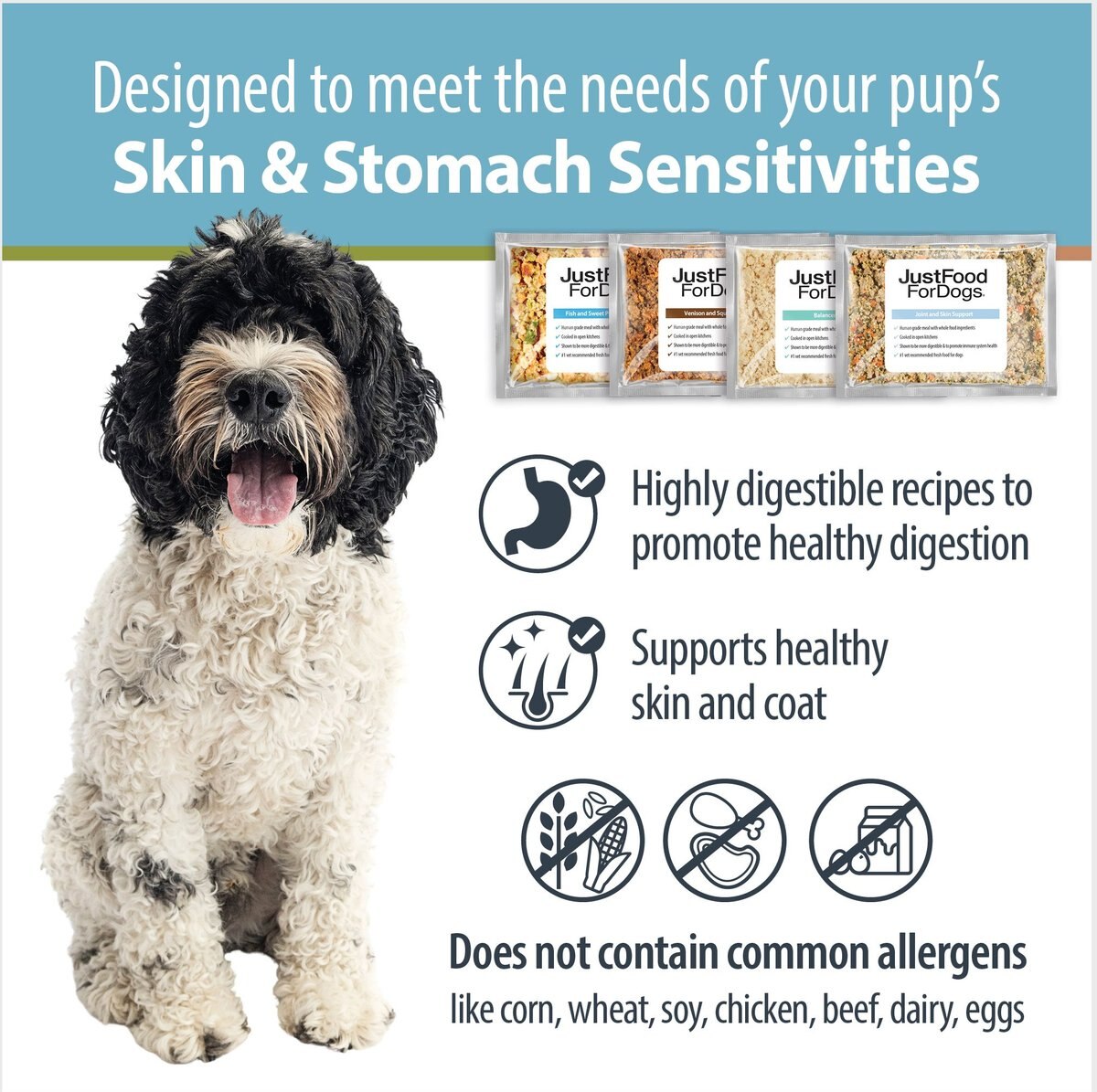 JustFoodForDogs Sensitive Skin and Stomach Variety Pack Human-Grade Fresh Whole Dog Food， 18-oz pouch， case of 7 