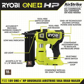 RYOBI ONE+ HP 18V 18-Gauge Brushless Cordless AirStrike Brad Nailer and ONE+ 18V 38 in. Crown Stapler (Tools Only) P322-P317